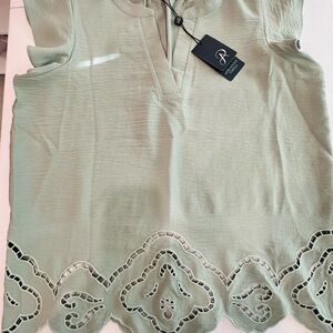 Adrianna Papell Sage Green Blouse with Cutout Hem